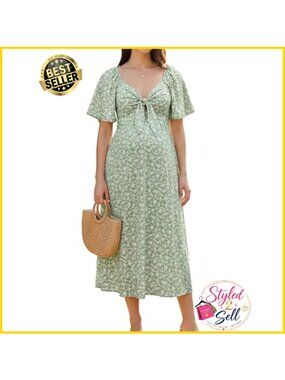 OUGES Women's V Neck Maternity Dress Midi with Pockets